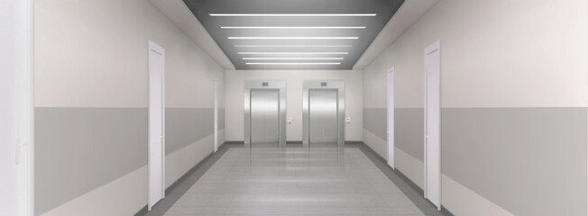 Realistic hallway with two closed elevators. Vector illustration of modern office, hospital, clinic or hotel building corridor with many white doors, lifts, led light lamps on ceiling and tiled floor