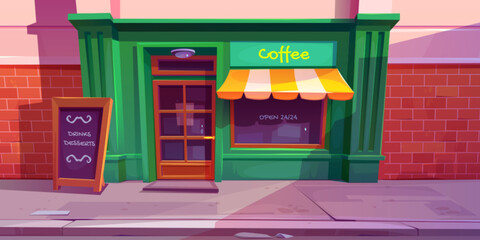 Vintage coffee shop. Cafe storefront building exterior design. Small business on city street cartoon vector background. Italian cafeteria with brick wall outside and tent under window.