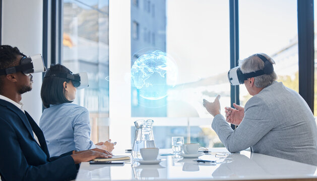 Virtual reality, vr earth hologram or business meeting collaboration, augmented reality or ai software. Digital transformation, future metaverse or diversity team planning global networking strategy