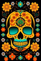 Mexican ornamental elements of lights and plants, colors, skull with flowers