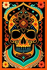 Mexican ornamental elements of lights and plants, colors, skull with flowers