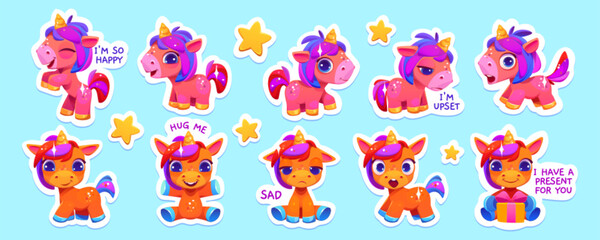 Cute rainbow unicorn stickers, patch icon. Cartoon vector pony mascot with present. Baby horse gold horn character surprised, dream, hug and happy. Emotion collection, isolated funny magical creature