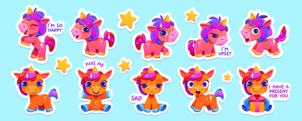 Cute rainbow unicorn stickers, patch icon. Cartoon vector pony mascot with present. Baby horse gold horn character surprised, dream, hug and happy. Emotion collection, isolated funny magical creature © klyaksun