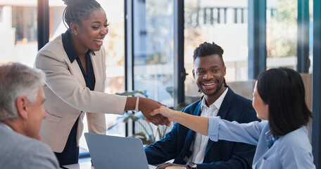 Handshake, acquisition and business people happy for investment deal, b2b contract or negotiation agreement. Diversity human resources, hiring welcome and administration job interview with HR manager - obrazy, fototapety, plakaty