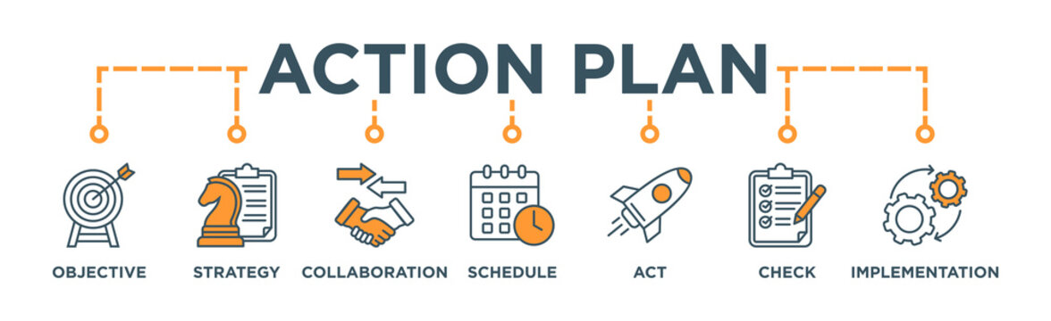 Action plan banner web icon vector illustration concept with icon of objective, strategy, collaboration, schedule, act, launch, check, and implementation