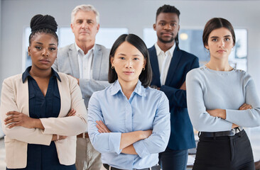 Portrait, arms crossed and leadership of Asian woman with business people in office for company...