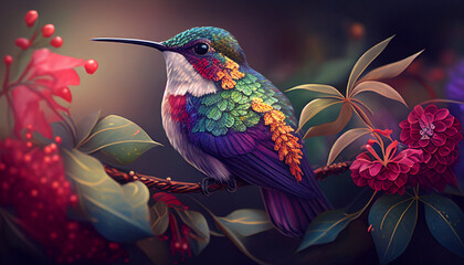 Colorful hummingbird sitting on a branch. Generative AI