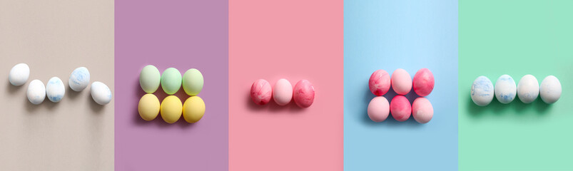 Set of painted Easter eggs on colorful background, top view