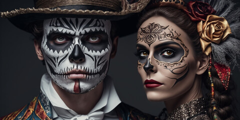Portrait of a beautiful couple of sugar skulls. Dia de los muertos. Day of The Dead. Halloween.. Geerative AI