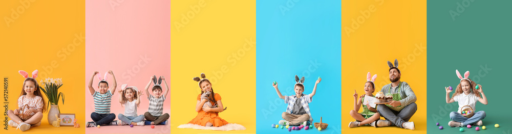 Sticker Set of happy little children with bunny ears, painted eggs and spring flowers on colorful background