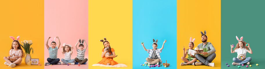 Set of happy little children with bunny ears, painted eggs and spring flowers on colorful background