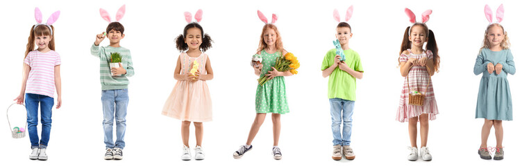 Set of children with Easter eggs and bunny ears on white background