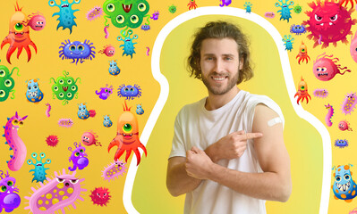 Young man with applied medical patch on shoulder against yellow background. Concept of strong...