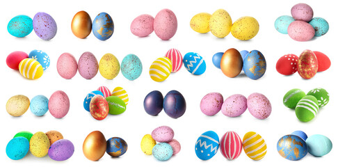 Set of many Easter eggs on white background