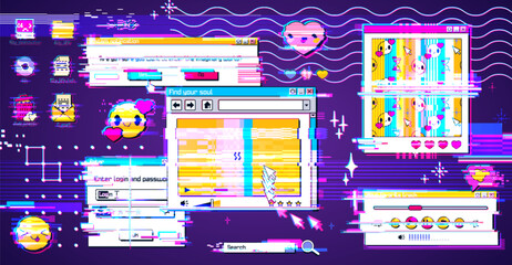 Retro y2k window browser screen with glitch effect vector background. 90s psychedelic design for internet interface. Vaporwave desktop notification template. Nostalgic bug and distortion illustration.