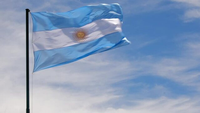 Argentinian Country Flag on a Pole Waving in the Wind over the Clear Sky