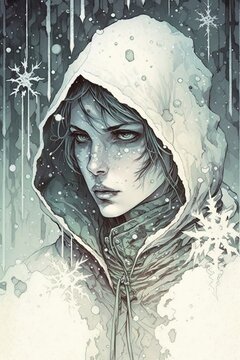 Graphic Novel Style Illustration Of A Modern Frozen Ice Queen. Snow Princess. Winter Priestess. [Sci-Fi, Fantasy, Historic, Horror Character. Video Game, Anime, Comic, Manga Portrait.]