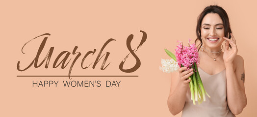 Greeting card for 8 March with beautiful young woman holding flowers on beige background