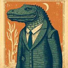 Digital Folk Art Block Print Style Illustration of a Louisiana Alligator Man by the Bayou. Cajun Gator Head Man in a Suit. [Sci-Fi, Fantasy, Historic, Horror Creature. Animal Monster Portrait.]