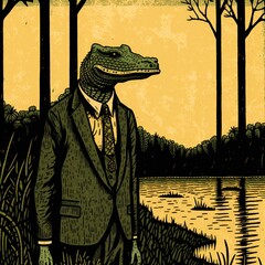 Digital Folk Art Block Print Style Illustration of a Louisiana Alligator Man by the Bayou. Cajun Gator Head Man in a Suit. [Sci-Fi, Fantasy, Historic, Horror Creature. Animal Monster Portrait.] - obrazy, fototapety, plakaty