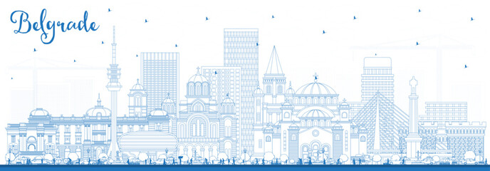 Outline Belgrade Serbia City Skyline with Blue Buildings. Vector Illustration. Belgrade Cityscape with Landmarks.