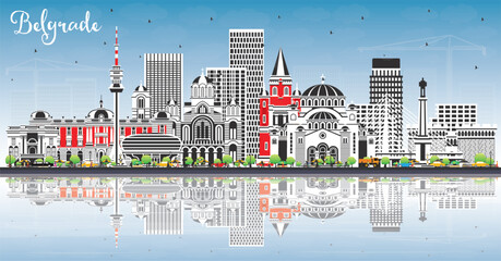 Belgrade Serbia City Skyline with Color Buildings, Blue Sky and Reflections. Vector Illustration. Belgrade Cityscape with Landmarks.
