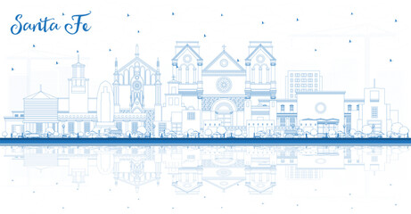 Outline Santa Fe New Mexico City Skyline with Blue Buildings and Reflections. Vector Illustration. Santa Fe USA Cityscape with Landmarks.