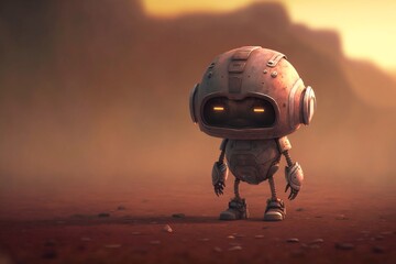 Cute Chibi Cartoon Robot on Mars. Kawaii Animation Sad Martian Rover Bot. [Science Fiction Landscape. Graphic Novel, Video Game, Anime, Manga, or Animated Film Style Illustration.] - obrazy, fototapety, plakaty