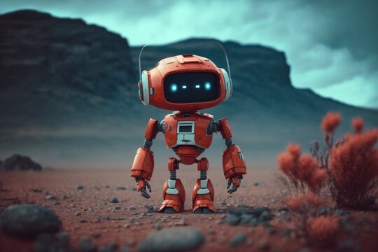 Cute Chibi Cartoon Robot on Mars. Kawaii Animation Martian Rover Bot. [Science Fiction Landscape. Graphic Novel, Video Game, Anime, Manga, or Animated Film Style Illustration.]