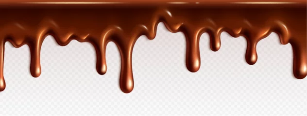 Fotobehang Realistic dripping chocolate texture. Vector isolated border of liquid melted chocolate cream for cake. 3d drip flow of dark cacao for dessert decoration. Brown horizontal glaze wave with tickle. © klyaksun