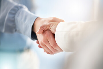 Hand, handshake and partnership for trust, unity or deal in agreement, meeting or b2b at office. People shaking hands in collaboration for support, welcome or promotion in solidarity at workplace - obrazy, fototapety, plakaty