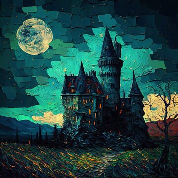 Impressionist  Style Illustration of a Creepy Vampire Castle under a Moonlit Night Sky. [Storybook, Fantasy, Historic, Horror, Halloween Scene. Graphic Novel, Anime, Comic, or Manga Illustration.]
