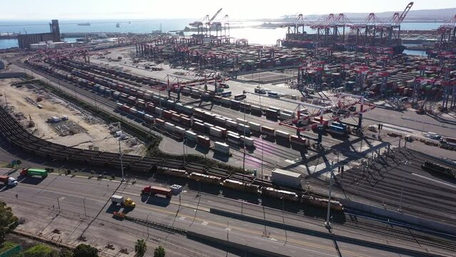 Daytime aerial view of the intermodal port operations in Long Beach, California, USA.