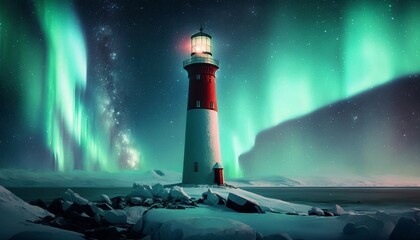 Beautiful Historic Lighthouse in the Far North with Aurora Borealis. Beacon on a Snowy Island Near Sea Ice Floes and Glaciers. [Fantasy, Historic, Christmas Scene. Graphic Novel, Video Game Image.]
