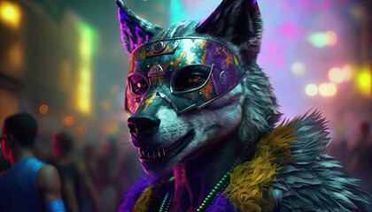 Cute and Cool Animal Wolf in Rio Carnival Costume: Colorful Illustration of Adorable Wildlife in Festive Brazilian Street Party with Samba Music and Dancing Floats Celebration generative AI