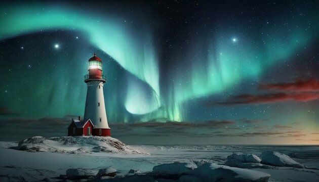 Beautiful Historic Lighthouse in the Far North with Aurora Borealis. Beacon on a Snowy Island Near Sea Ice Floes and Glaciers. [Fantasy, Historic, Christmas Scene. Graphic Novel, Video Game Image.]