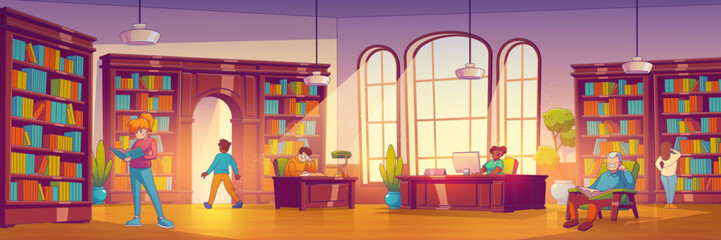 School library or store with books on shelves and people read and study. Public library interior with bookcases, tables and chairs, vector illustration in contemporary style - obrazy, fototapety, plakaty