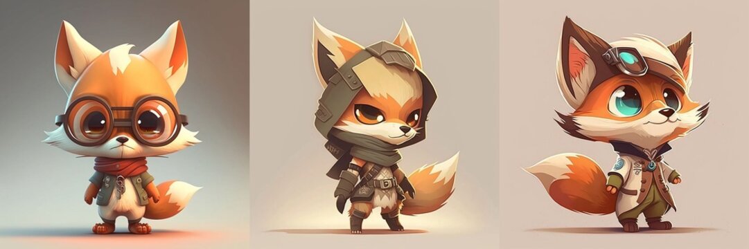 Chibi Cartoon Fox Character Set / Pack of 3. Foxes with glasses, cloak, suit, jacket. [Cute, Chibi, Kawaii Cartoon Character. Vector Style. Graphic Novel, Video Game, Manga, Comic, or Storybook]