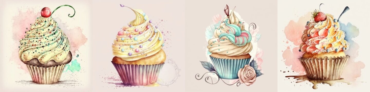 Isolated Digital Watercolor Images of Beautiful Cupcakes. Storybook Style Cupcake Illustration. Set / Pack of 4. [Storybook, Fantasy, Historic, Cartoon Object.]