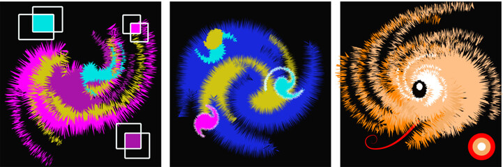 Abstraction. A collection of fantastic, vibrant, colored swirling and spiky brush strokes. Modern poster and background. Color illustration on a black background.