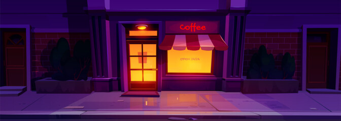 Building exterior with coffee shop or cafe entrance at night. 24 hour open restaurant or diner with lit door and windows on empty dark city street, vector cartoon illustration