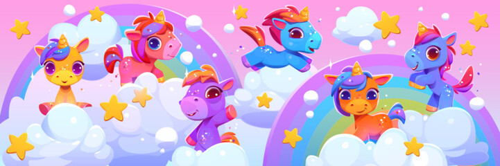 Cute unicorns in sky with rainbows, clouds and stars. Magic animals, fairy pony characters in sky. Fantasy wonderland with beautiful unicorns, vector cartoon illustration