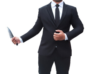 Young businessman in black suit holding a kitchen knife, killer, killer with a knife, transparent background, png file.