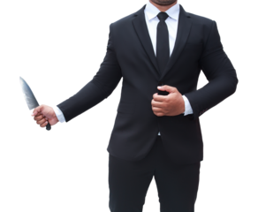 Young businessman in black suit holding a kitchen knife, killer, killer with a knife, transparent background, png file.