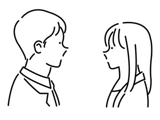 向かい合う男女のイラスト　線画のみ