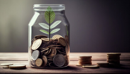 A jar with different coins and green growth growing from above, stand on a wooden background, the concept of growth and saving money. Generative AI - obrazy, fototapety, plakaty