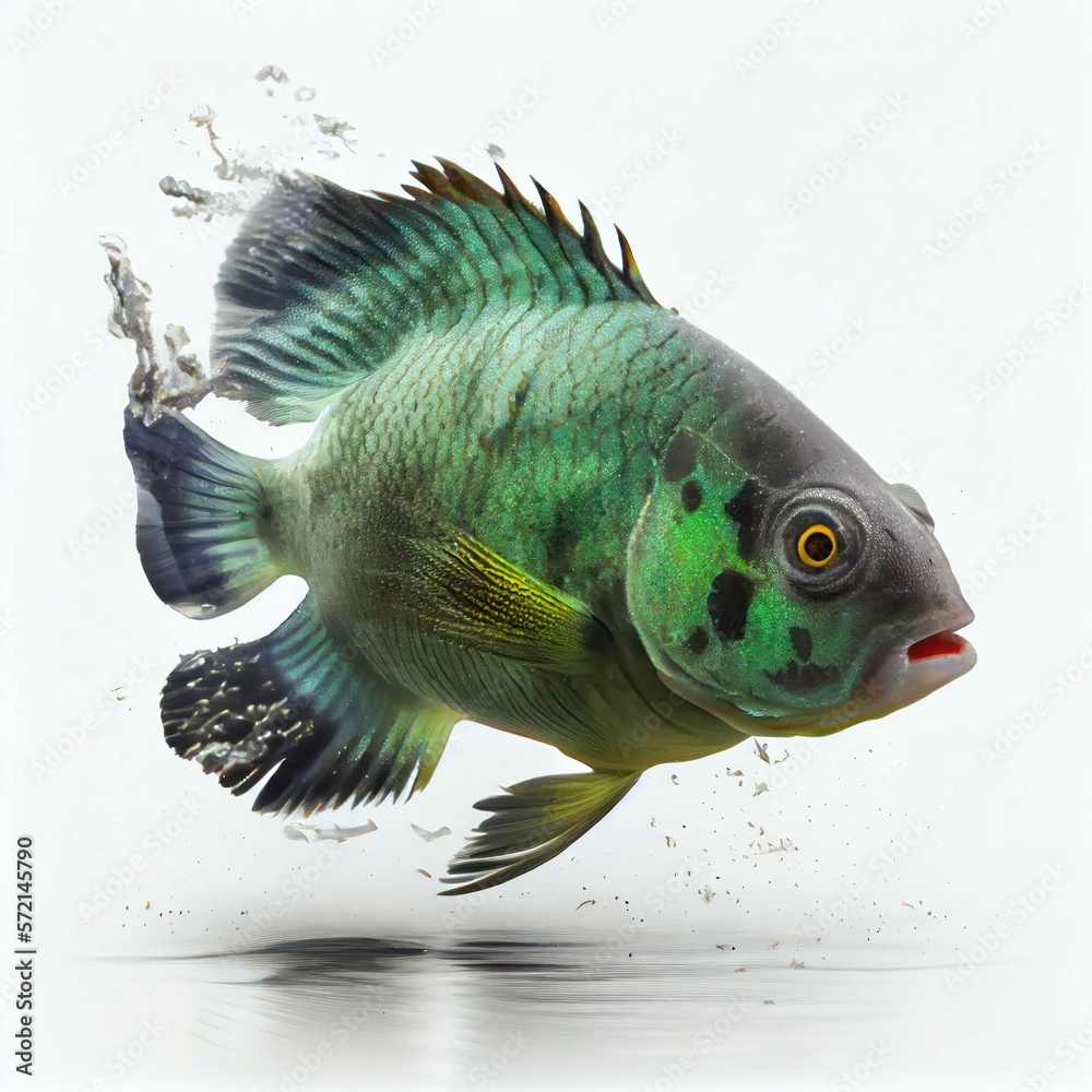 Wall mural An ultra realistic Green Terror Cichlid fish that jumps by splashing on a white background generative ai - Wall murals
