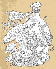 Black and white vector graphic illustration with mystic, esoteric and occult symbol of bottle with potion and mushroom against vintage textured background