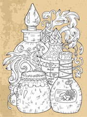 Black and white vector graphic illustration with mystic, esoteric and occult symbol of witch bottles with potion against vintage textured background
