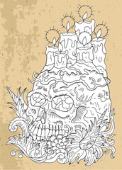 Black and white vector graphic illustration with mystic, esoteric and occult symbol of skull and candles against vintage textured background